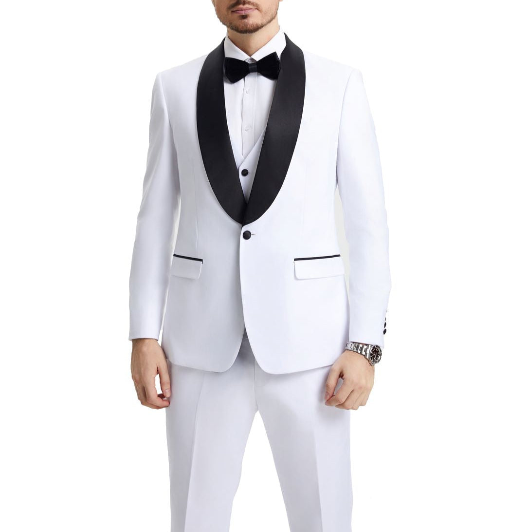 Stacy Adams White 3 Piece Hybrid Fit Tuxedo Satin Shawl Lapel
