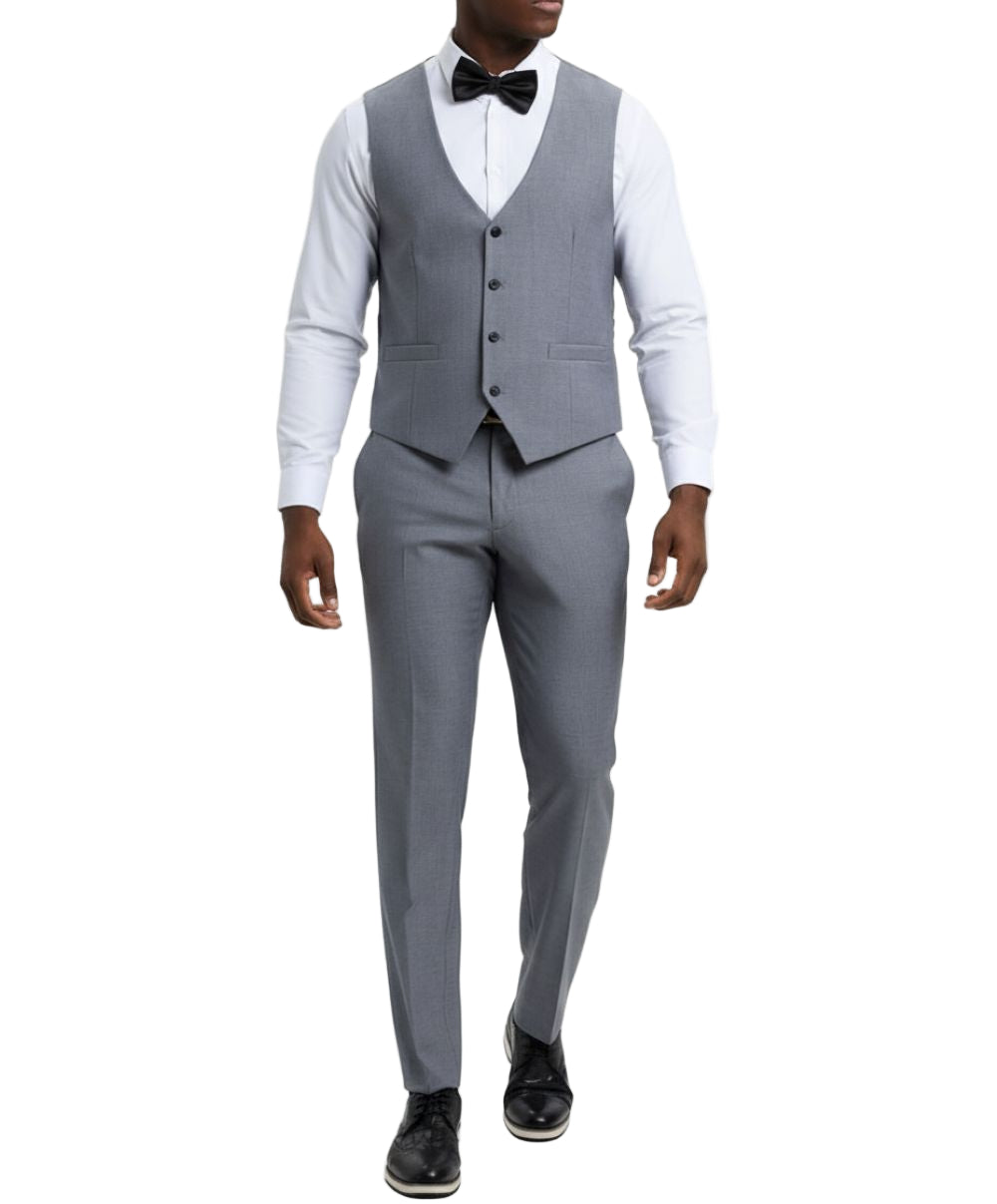 Solid Stacy Adams - Medium Gray 3 Piece Hybrid Fit Tuxedo Satin Shawl Lapel pants, showing pocket and button details.