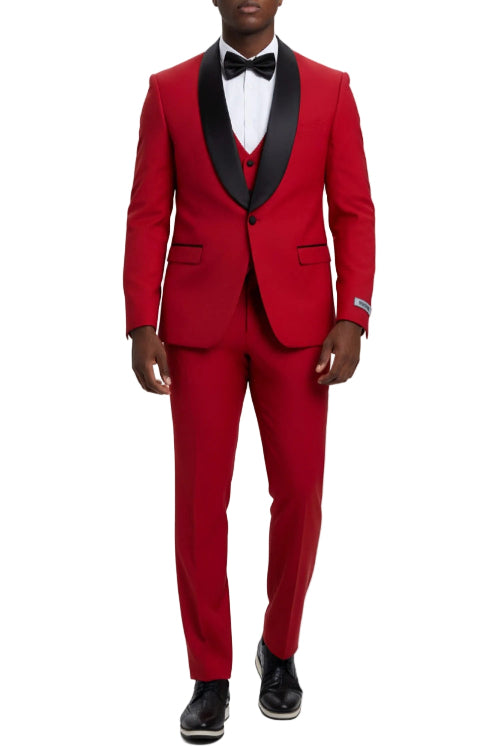 Red hybrid fit 3 piece men's tuxedo with satin shawl lapel