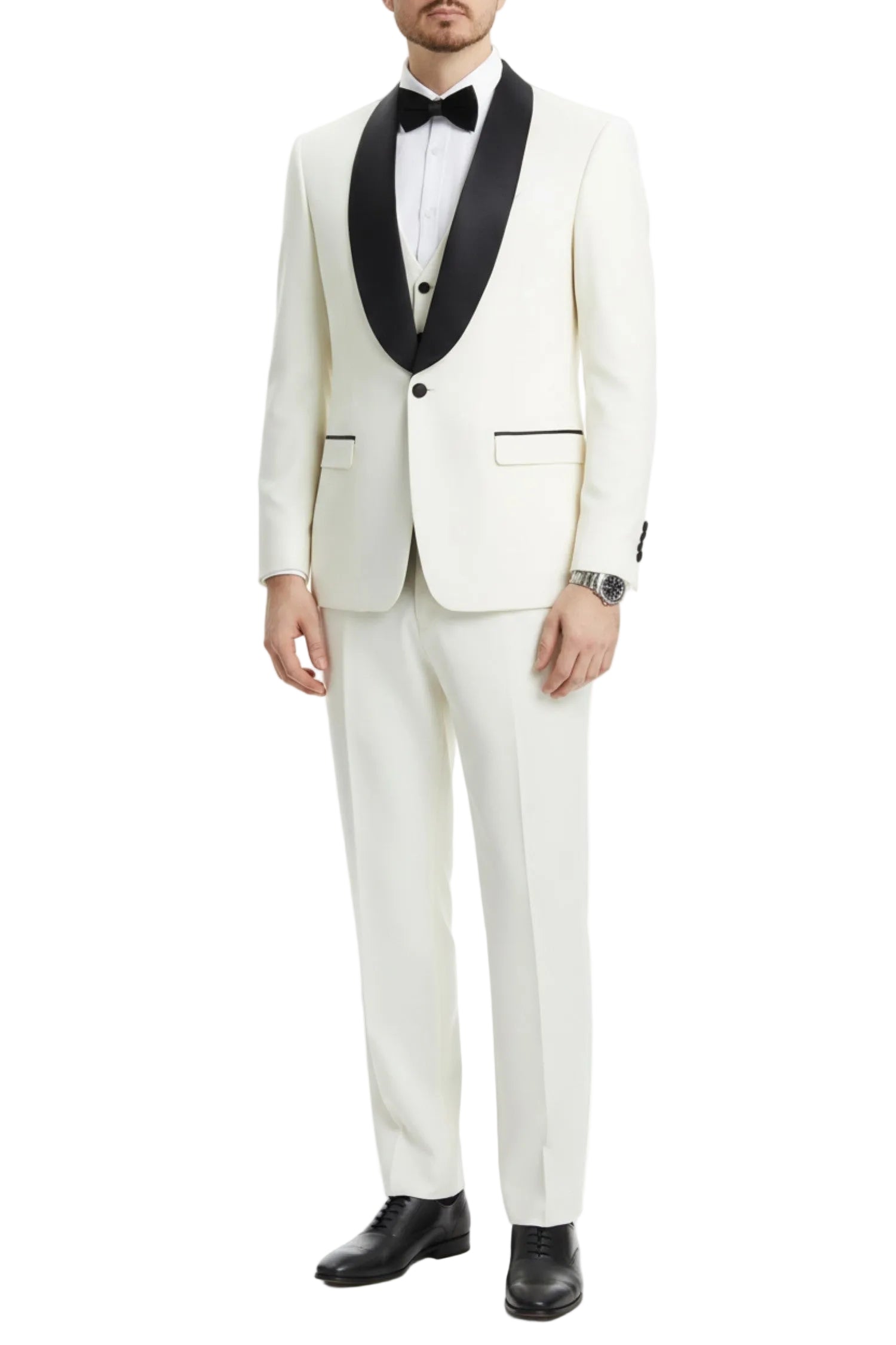 Stacy Adams - Ivory 3 Piece Hybrid Fit Tuxedo Satin Shawl Lapel