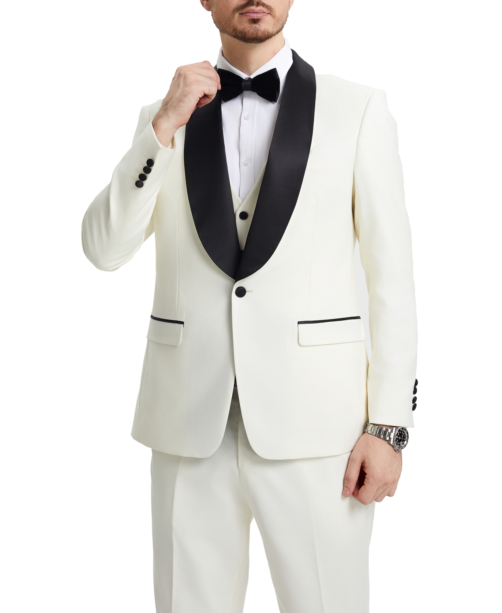 Stacy Adams White 3 Piece Hybrid Fit Tuxedo Satin Shawl Lapel
