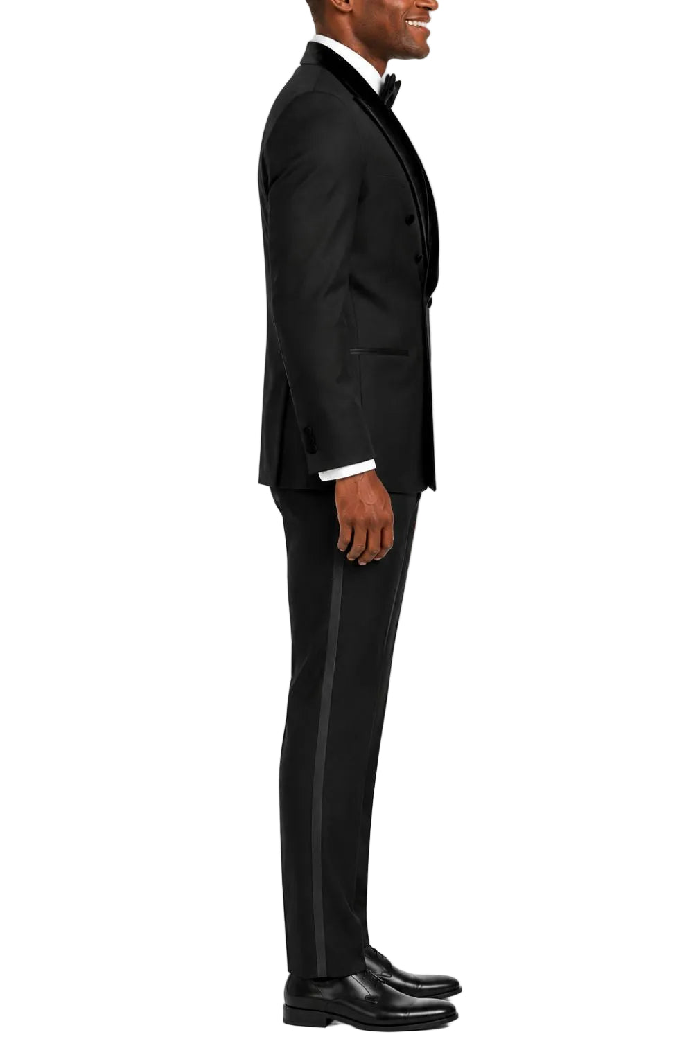 Man wearing a black tuxedo on a white background