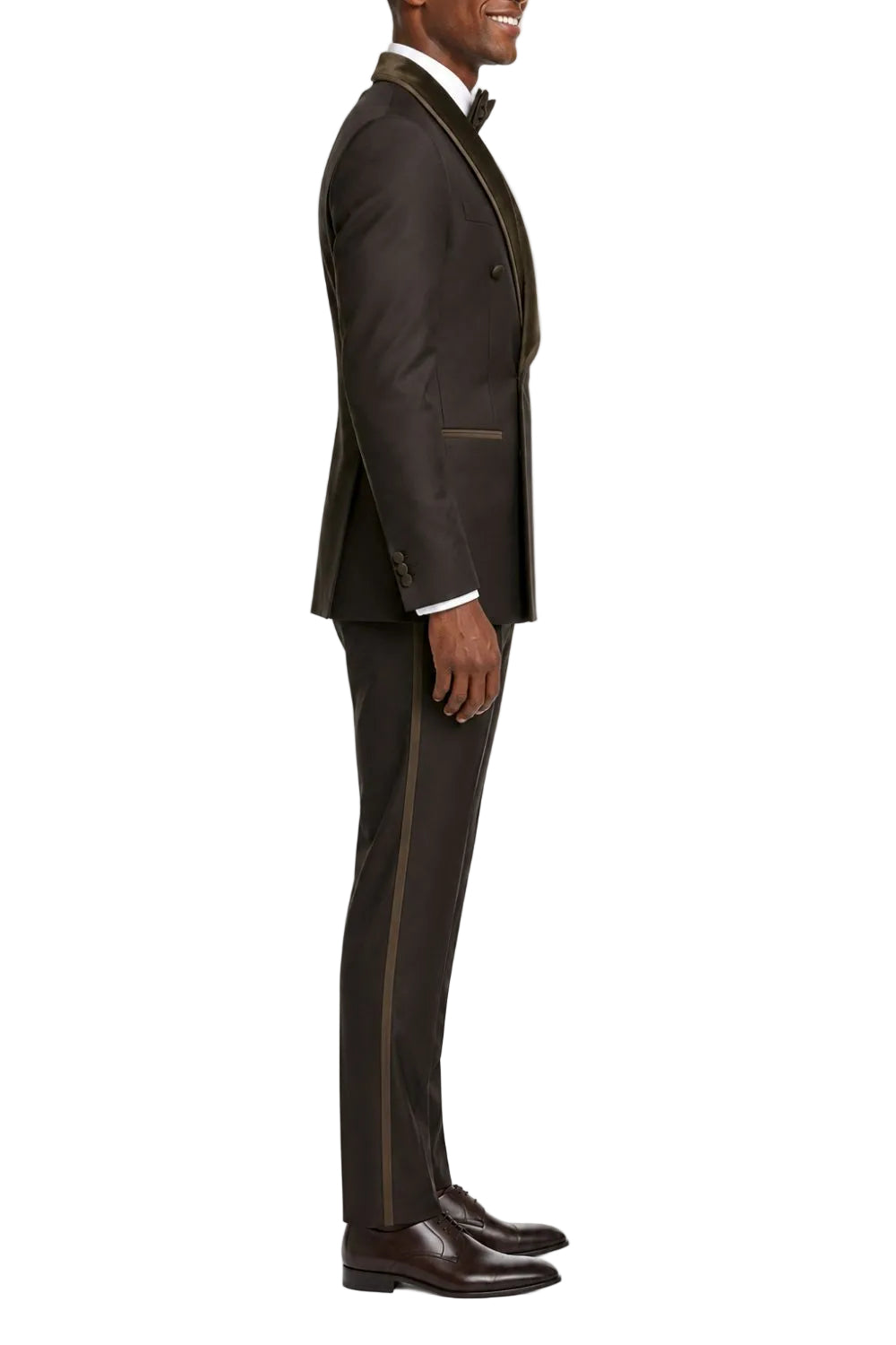 Man wearing a dark brown suit with a white shirt and bow tie on a white background