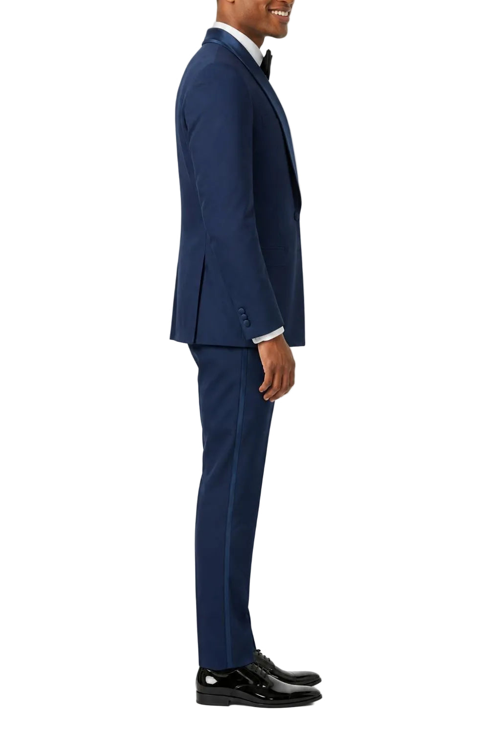 Man wearing a navy suit on a white background