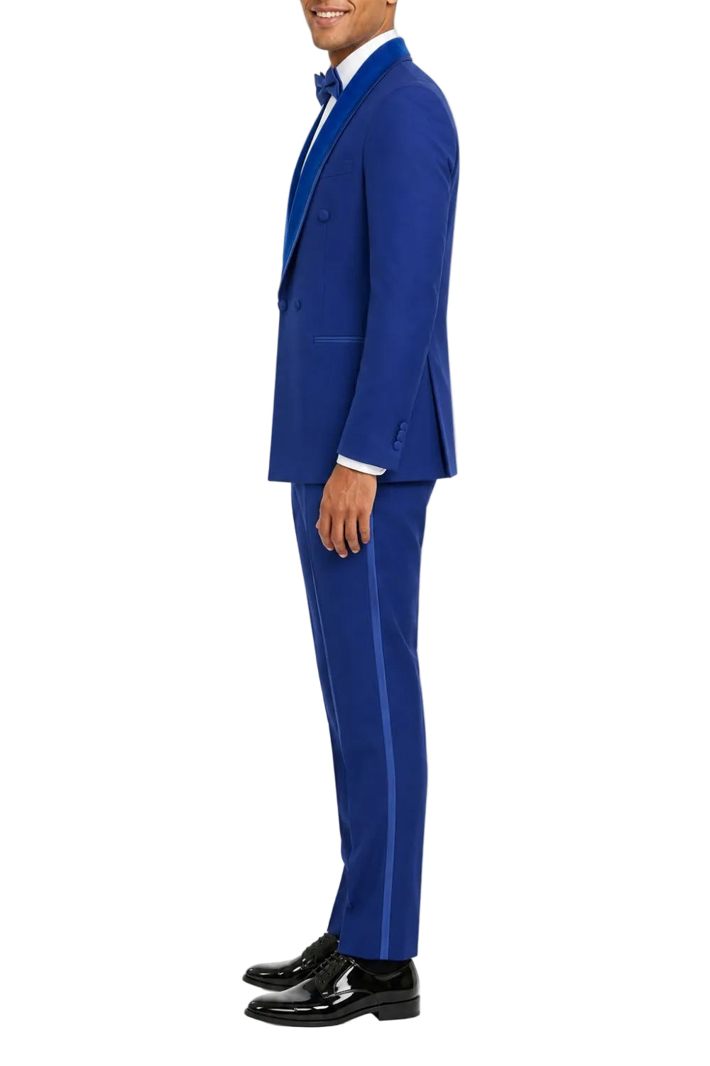 Man wearing a blue suit with a white shirt and black shoes on a white background