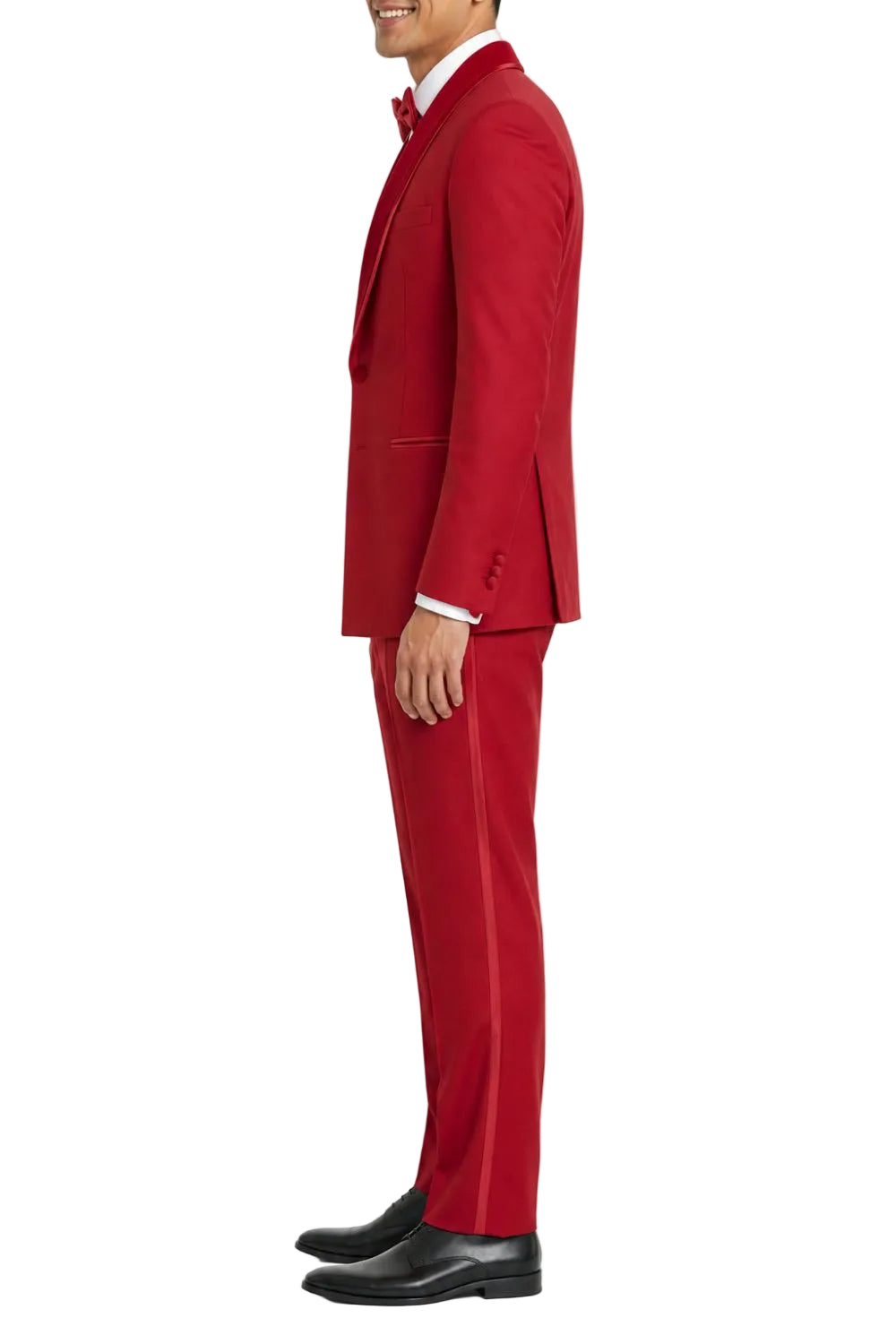 Man wearing a red suit on a white background