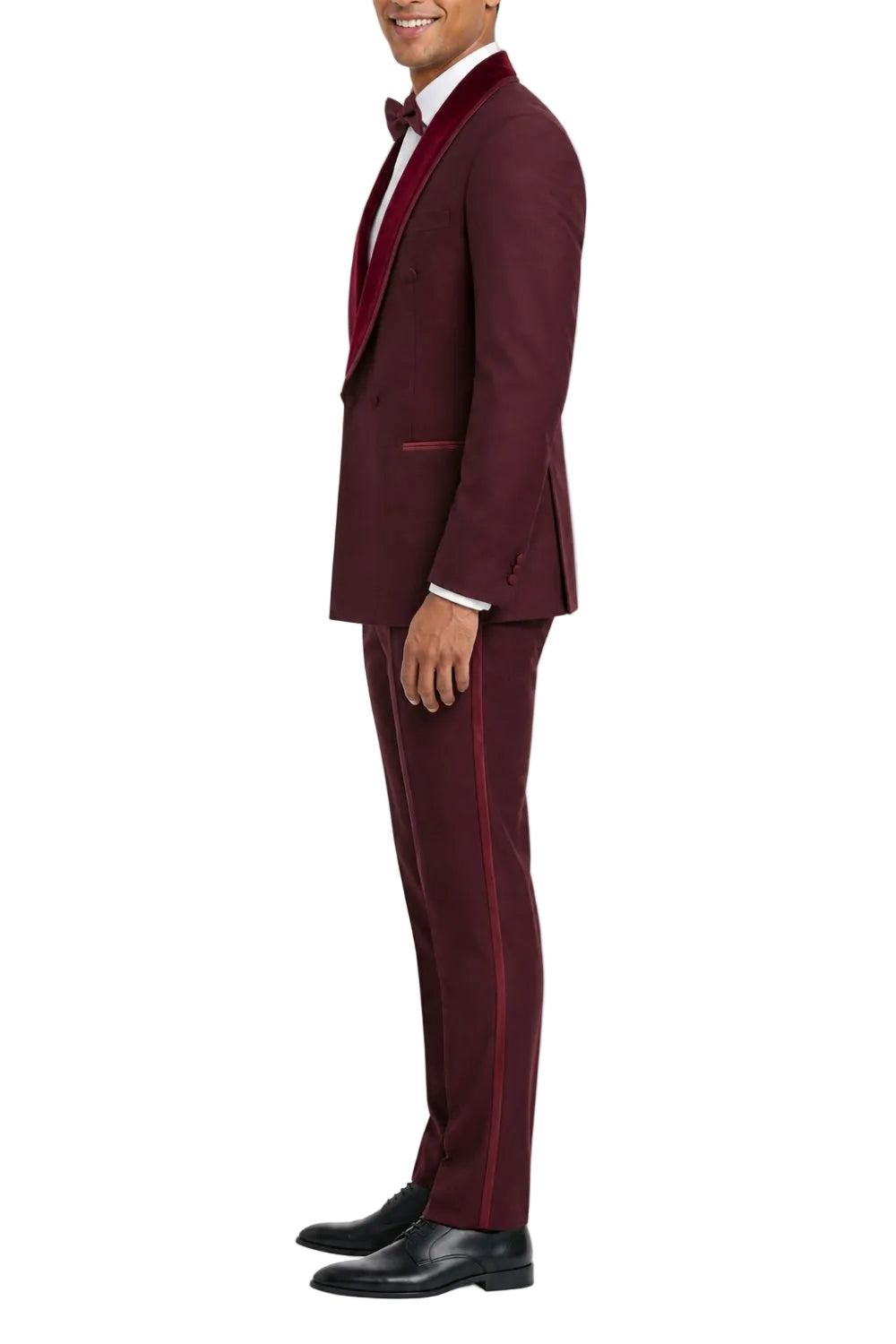 Burgundy tuxedo with a bow tie on a white background