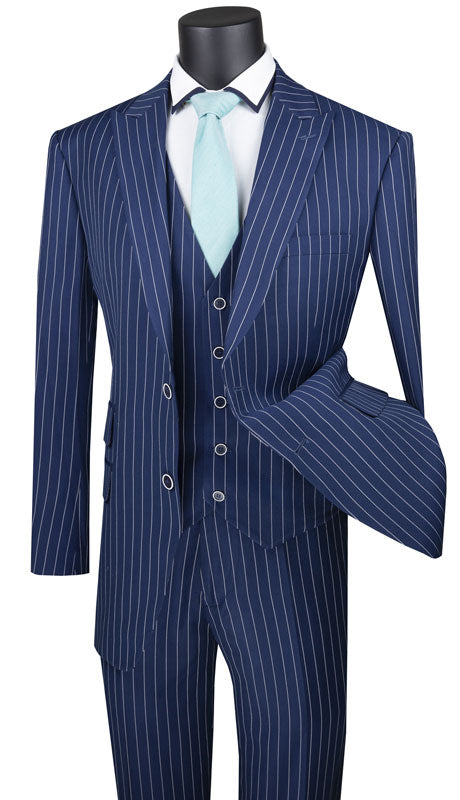 Odyssey Collection - Blue Regular Fit 3 Piece Suit 2 Button Gangster Stripe