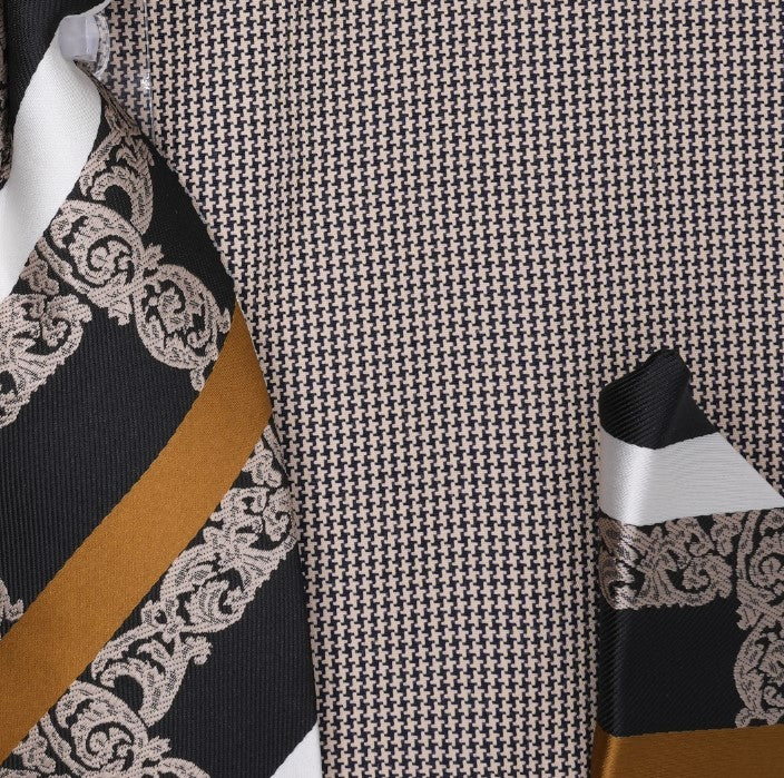 swatch Black Beige Mini-Houndstooth Dress Shirt Set with Tie and Handkerchief