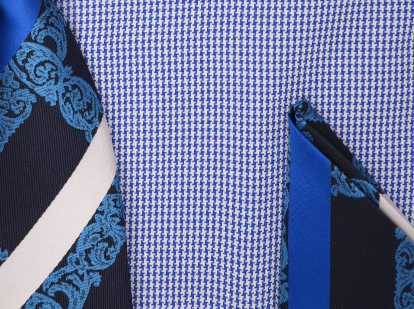 swatch Blue Mini-Houndstooth Dress Shirt Set with Tie and Handkerchief