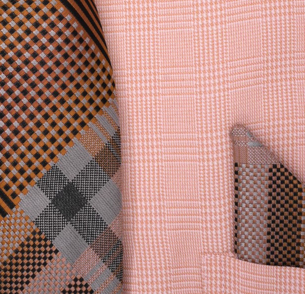 swatch Coral Windowpane Dress Shirt Set with Tie and Handkerchief