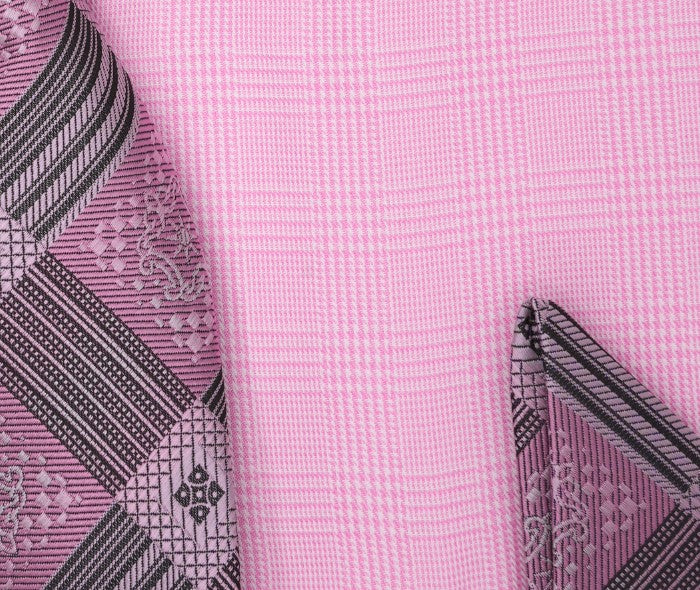 swatch Pink Windowpane Dress Shirt Set with Tie and Handkerchief