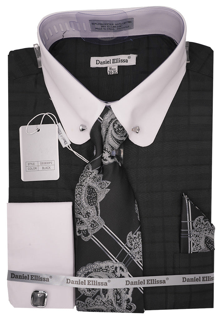 Black Tone-on-tone Check Dress Shirt Set with Tie and Handkerchief