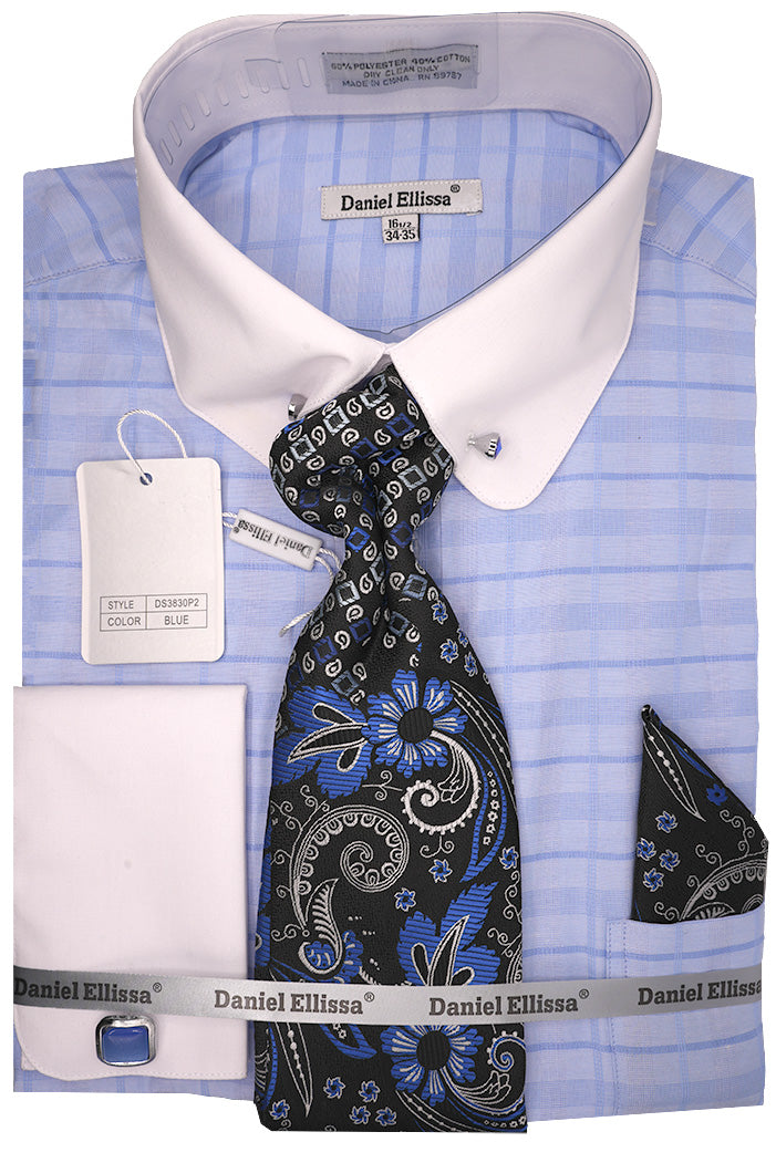 Blue Tone-on-tone Check Dress Shirt Set with Tie and Handkerchief
