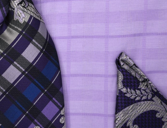 swatch Lilac Tone-on-tone Check Dress Shirt Set with Tie and Handkerchief