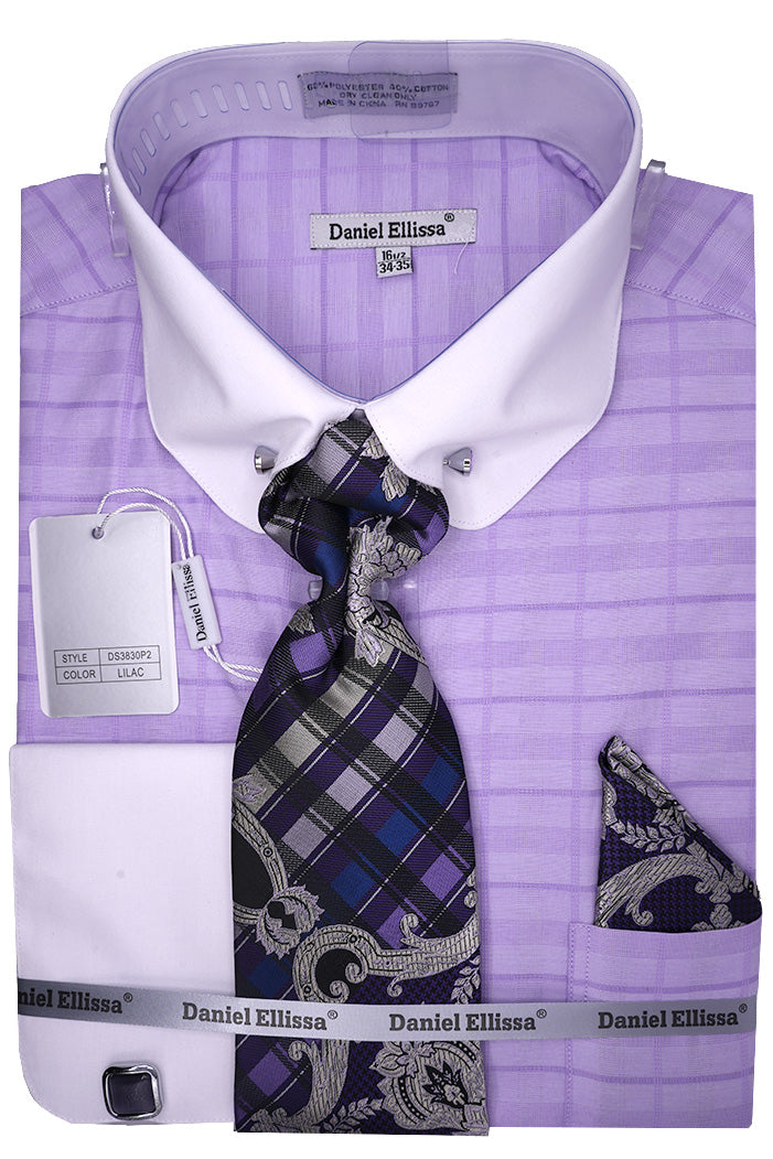Lilac Tone-on-tone Check Dress Shirt Set with Tie and Handkerchief