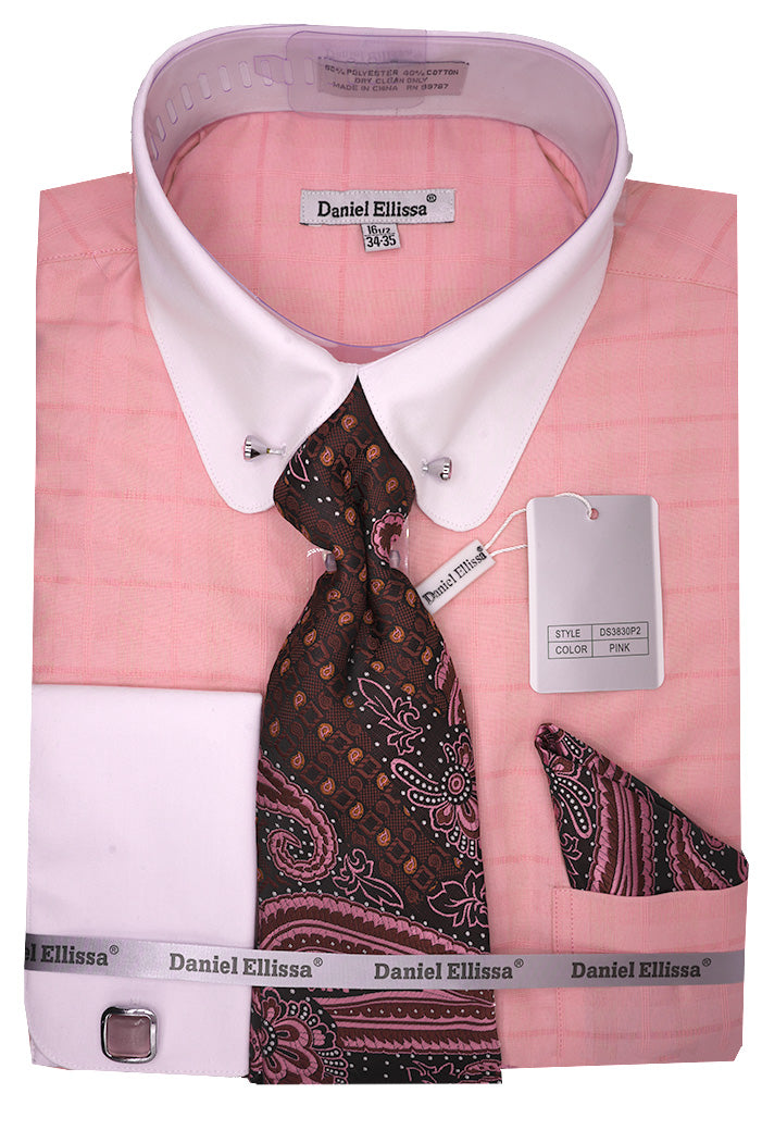 Pink Tone-on-tone Check Dress Shirt Set with Tie and Handkerchief