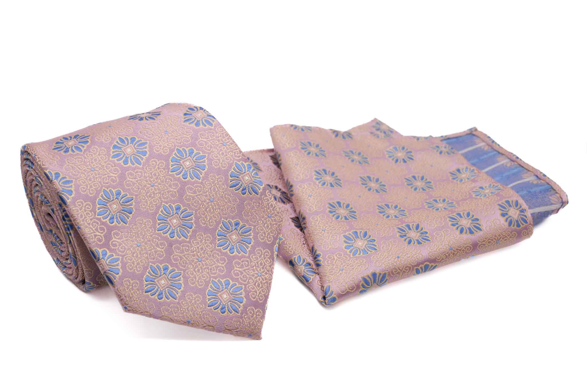 Men's Blue Pink Floral Pattern Tie and Pocket Square Set
