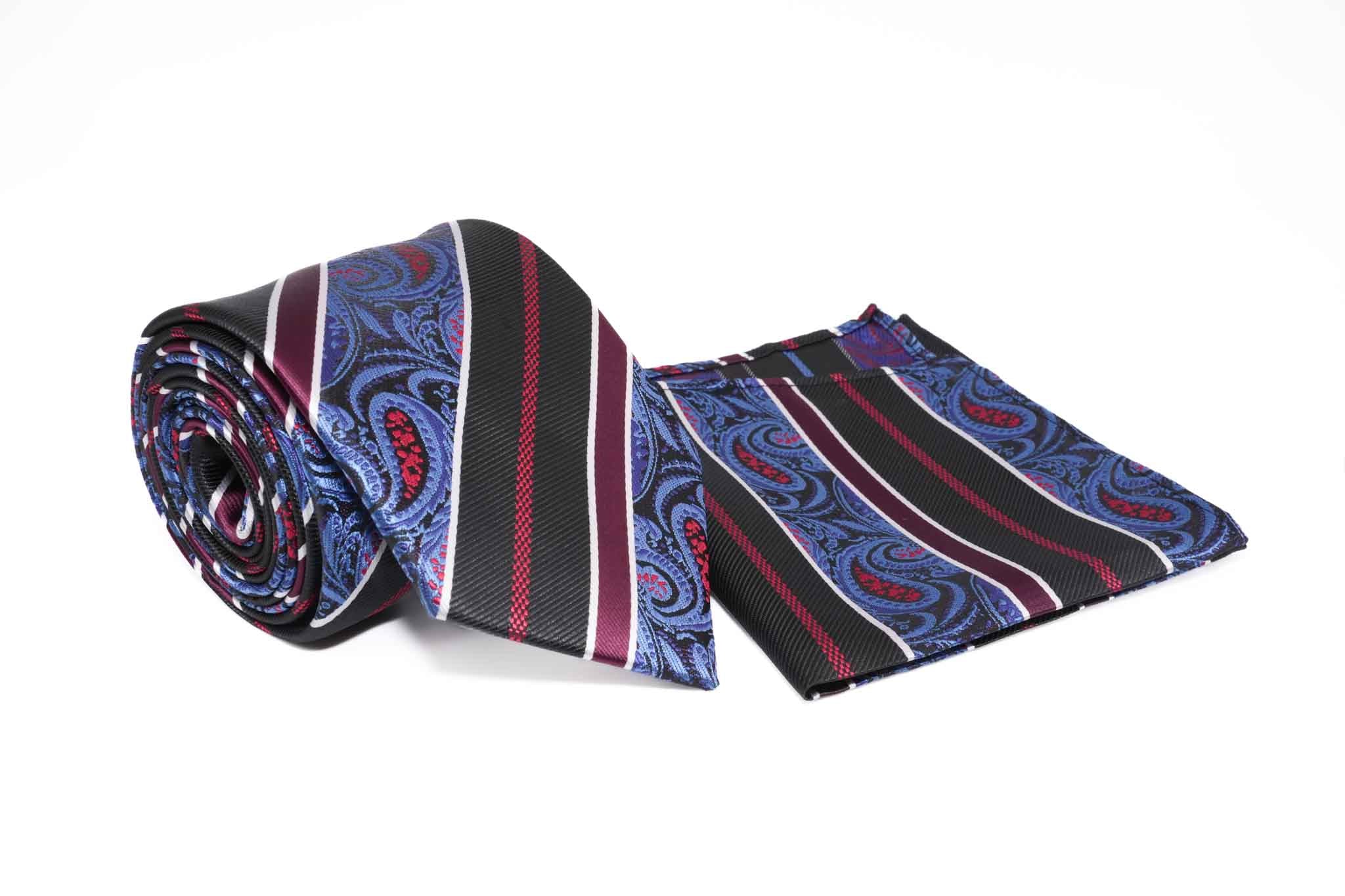 Blue Paisley Multi Color Stripe Pattern Tie and Pocket Square Set
