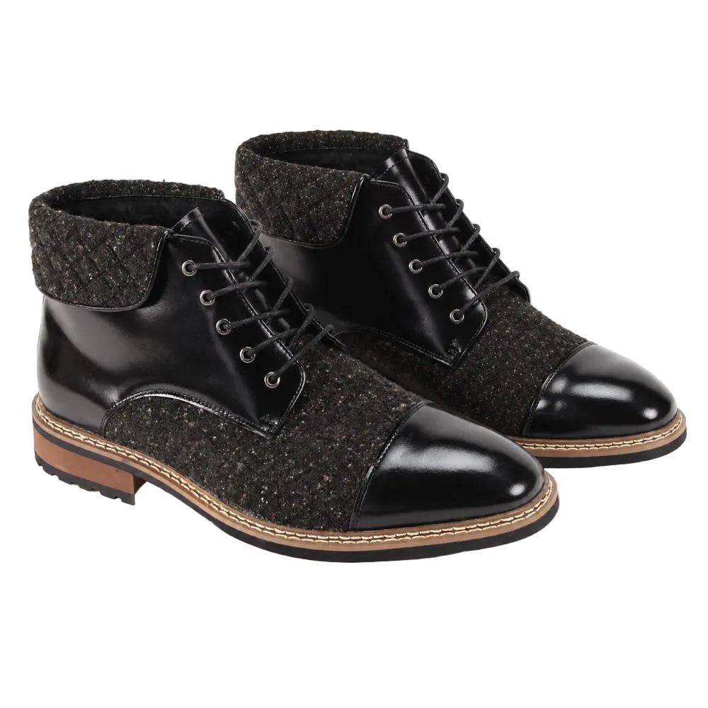 A pair of men's lace-up ankle boots with a black patent leather cap toe and black textured tweed side panels, set against a plain white background.