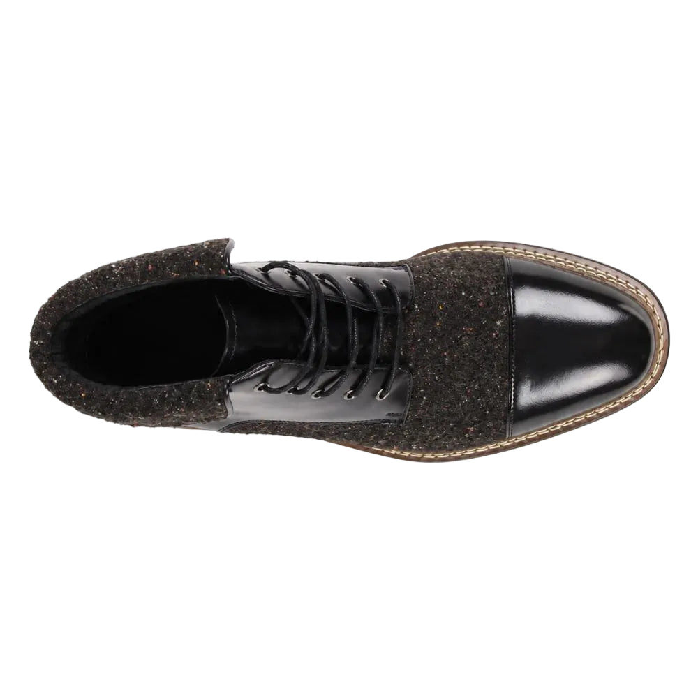 A single women's lace-up ankle boot shown from a top-down view on a white background. The boot features a glossy black leather cap toe, a black laced front, and a textured dark brown and black speckled wool-like upper with a light tan welt edge.