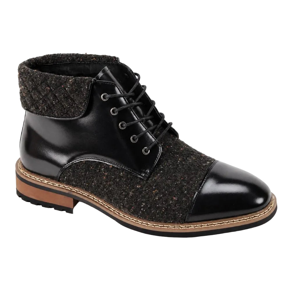 Stuart Collection - Black Leather Cap Toe Quilted Collar Lace-Up Boots