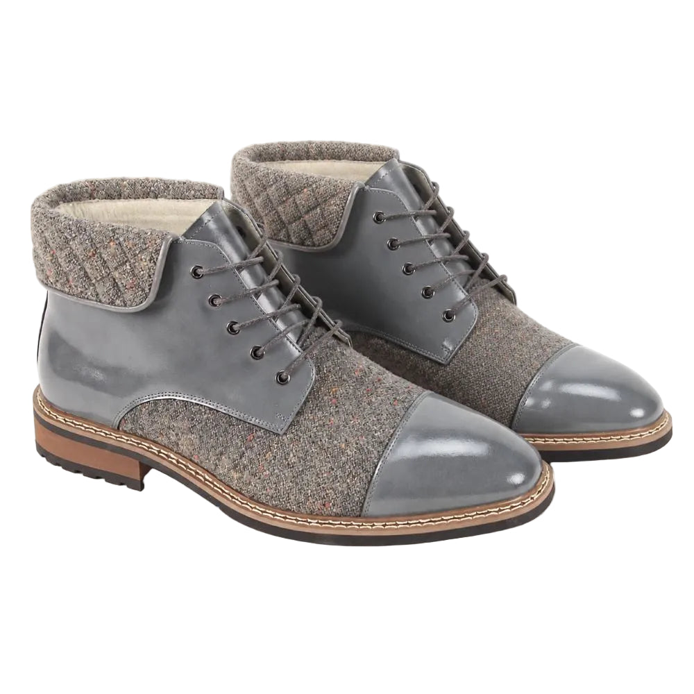 A pair of men's lace-up ankle boots featuring a grey leather toe cap, grey leather lace panels, and a brown and beige tweed fabric body with a quilted collar, shown on a white background.
