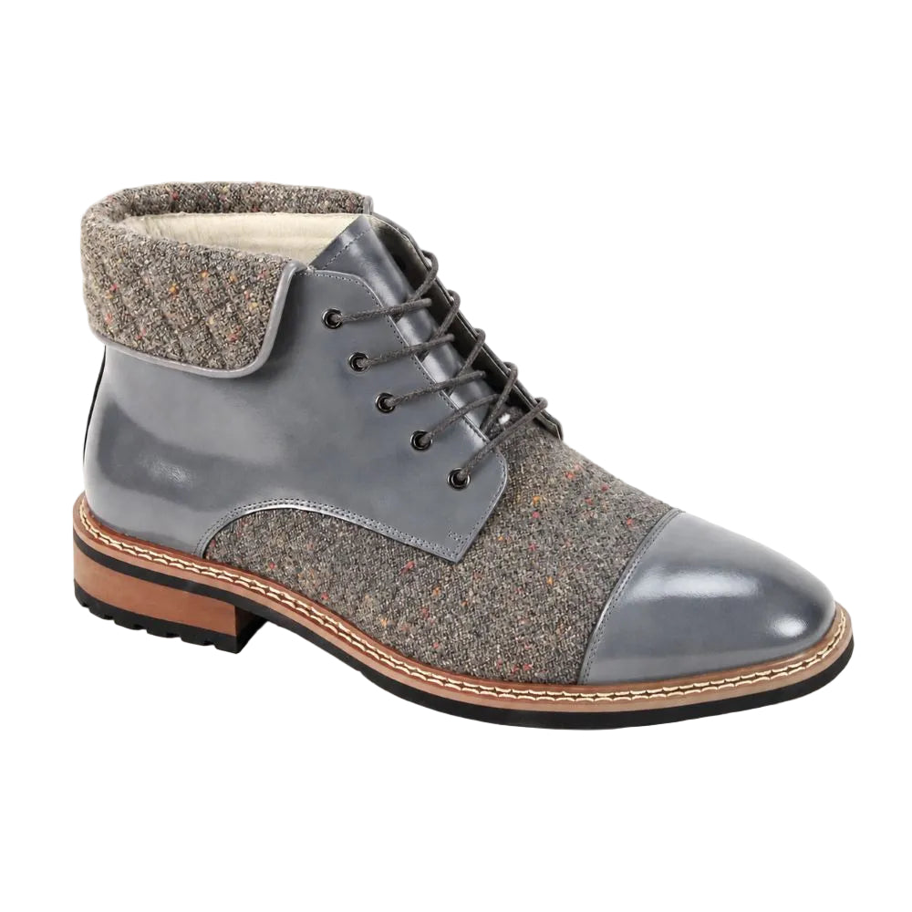 Stuart Collection - Gray Leather Cap Toe Quilted Collar Lace-Up Boots