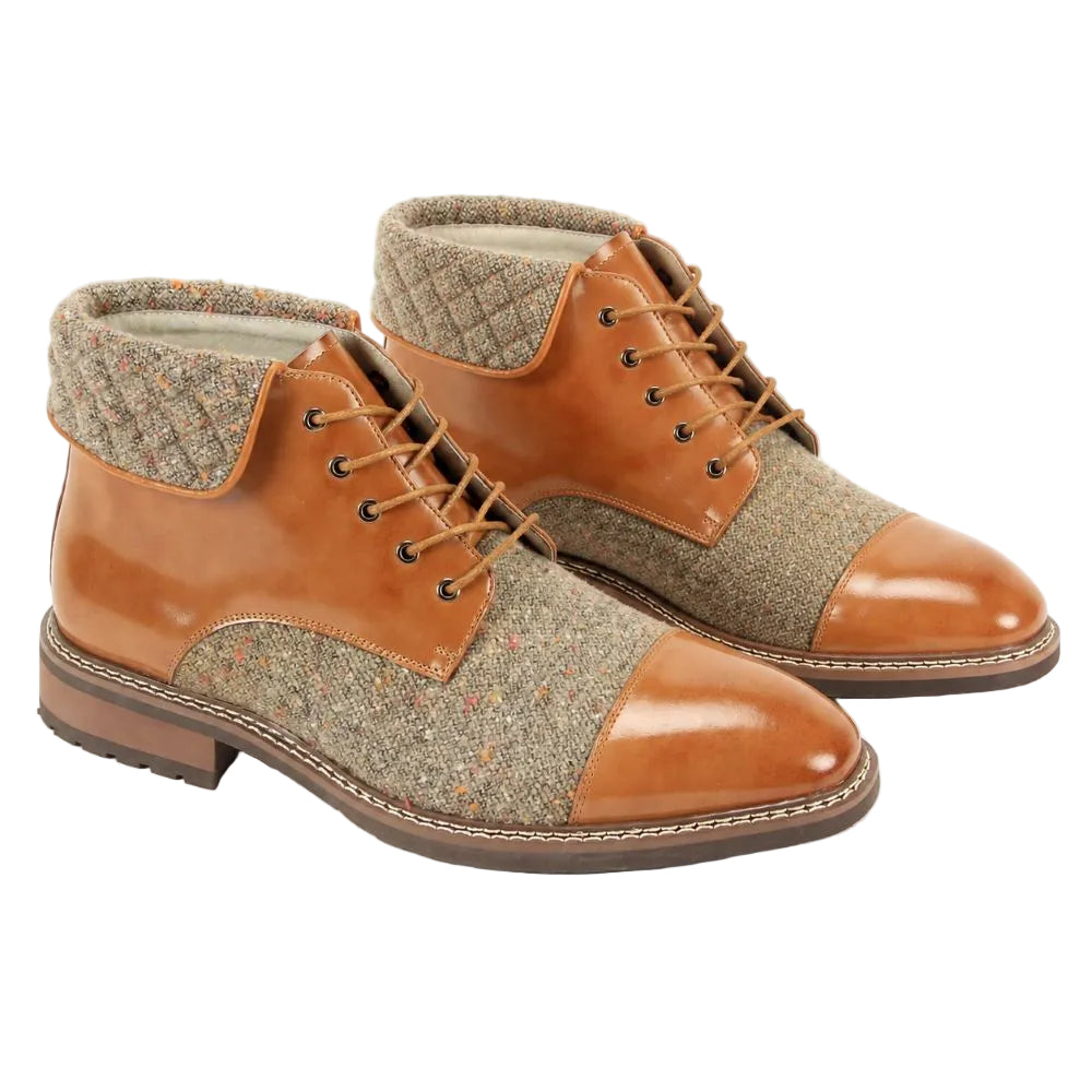 A pair of men's lace-up ankle boots featuring smooth tan leather panels and a textured tweed herringbone fabric in brown, beige, and muted orange, shown on a white background.