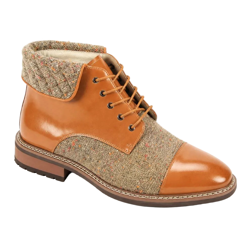 Stuart Collection - Tan Leather Cap Toe Quilted Collar Lace-Up Boots