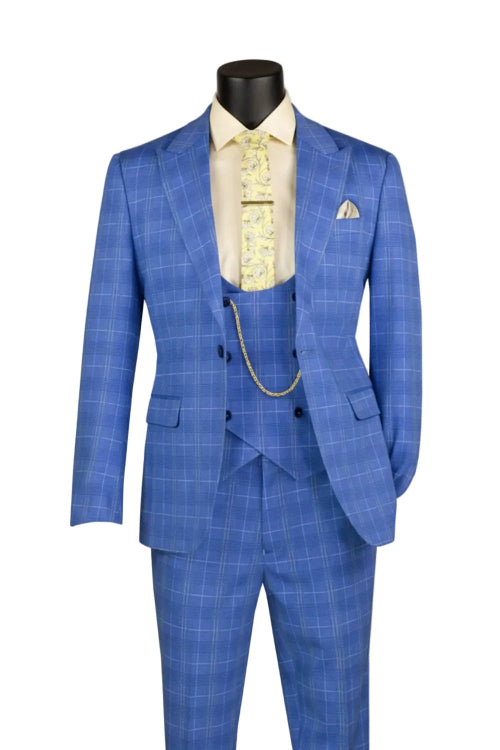Blue slim fit 3 piece men's windowpane suit