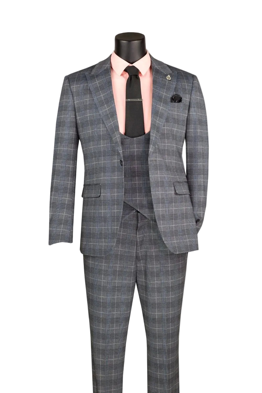 Gray Slim Fit 3 Piece 1 Button Windowpane Suit
