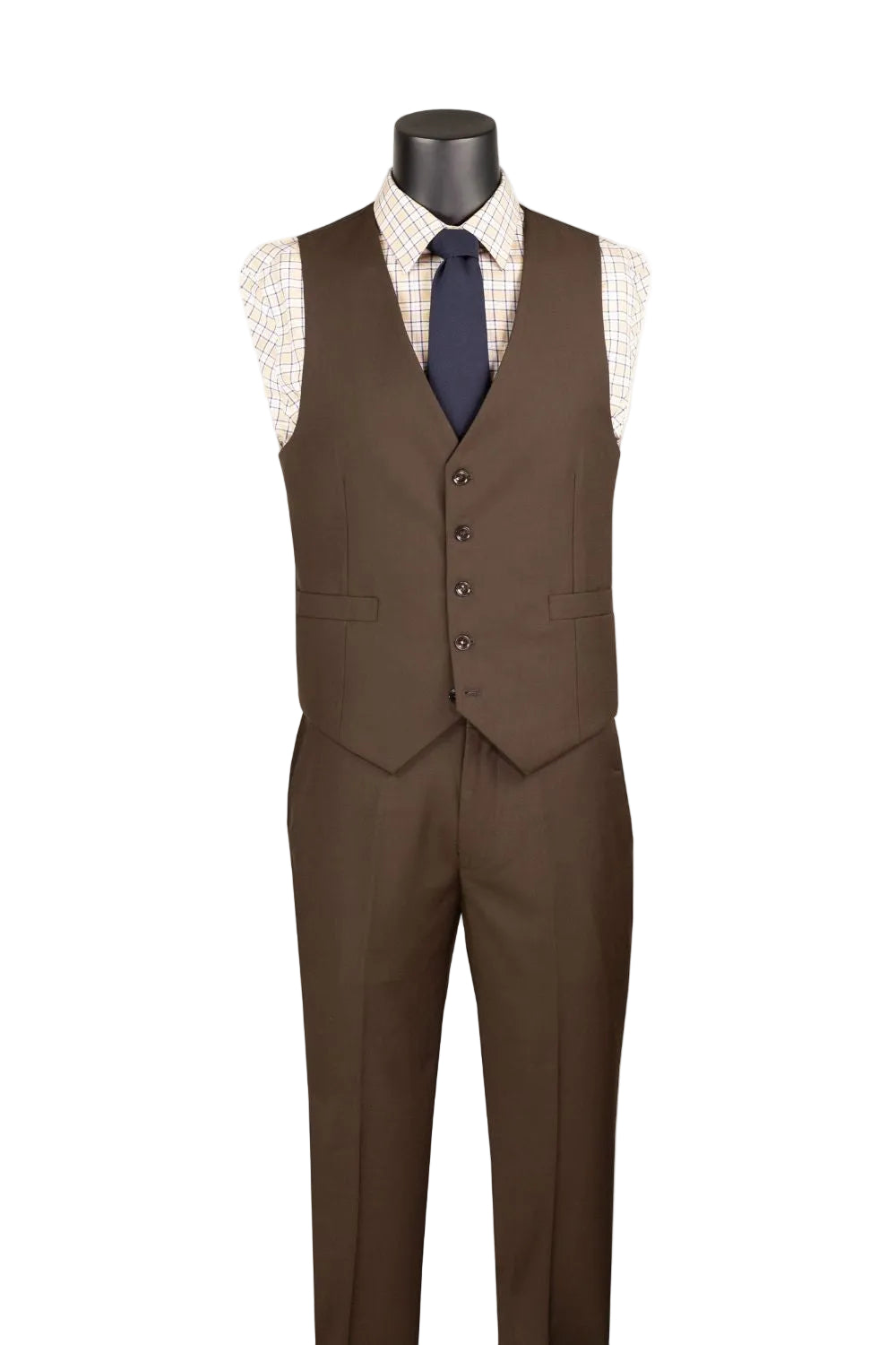 A men's brown three-piece suit displayed on a black mannequin torso, styled with a white and beige checkered shirt, a navy blue tie, and a brown vest against a plain white background.