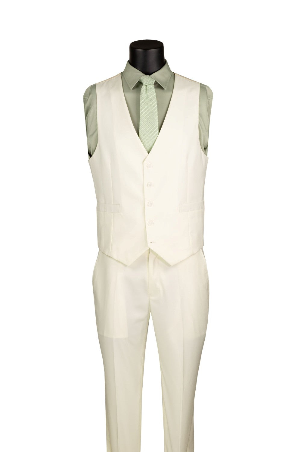 Vinci Slim Fit Business Men's Suit 3 Piece 2 Button jacket in solid ivory, showing collar, pocket, and a tie.