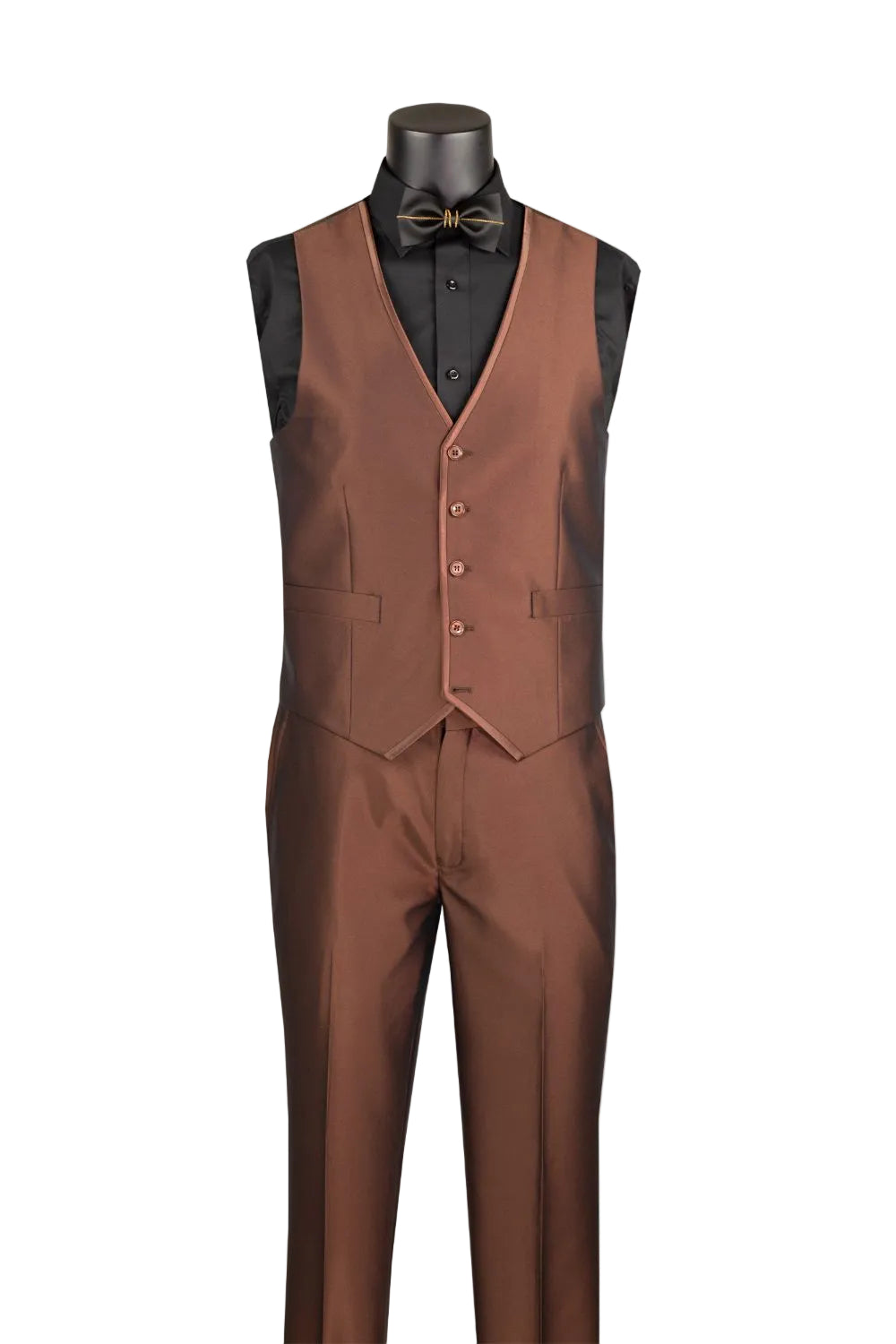 A men's formal suit set displayed on a headless mannequin, featuring a brown vest and matching trousers, a black dress shirt, and a black bow tie with a brown center stripe.