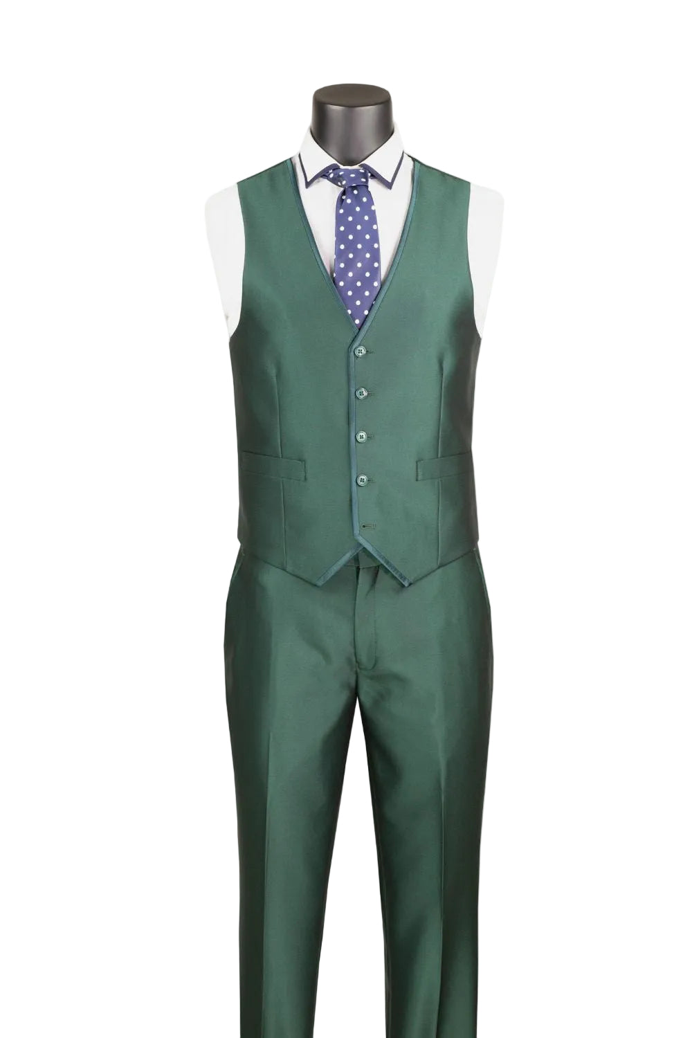A men's three-piece suit in a rich forest green color, displayed on a mannequin torso with a white dress shirt and a blue patterned tie.