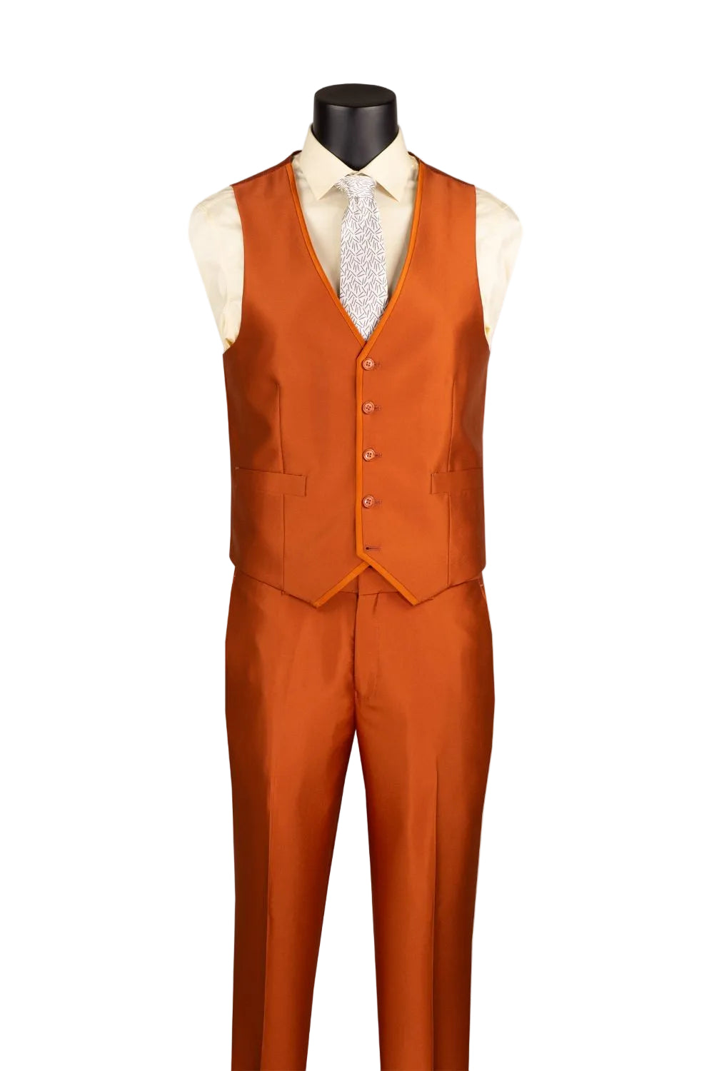 A men's three-piece formal suit in a vibrant orange color, displayed on a mannequin torso with a white dress shirt and a light patterned tie. The suit includes a sleeveless vest, matching trousers, and a matching waistcoat, shown against a plain white background.
