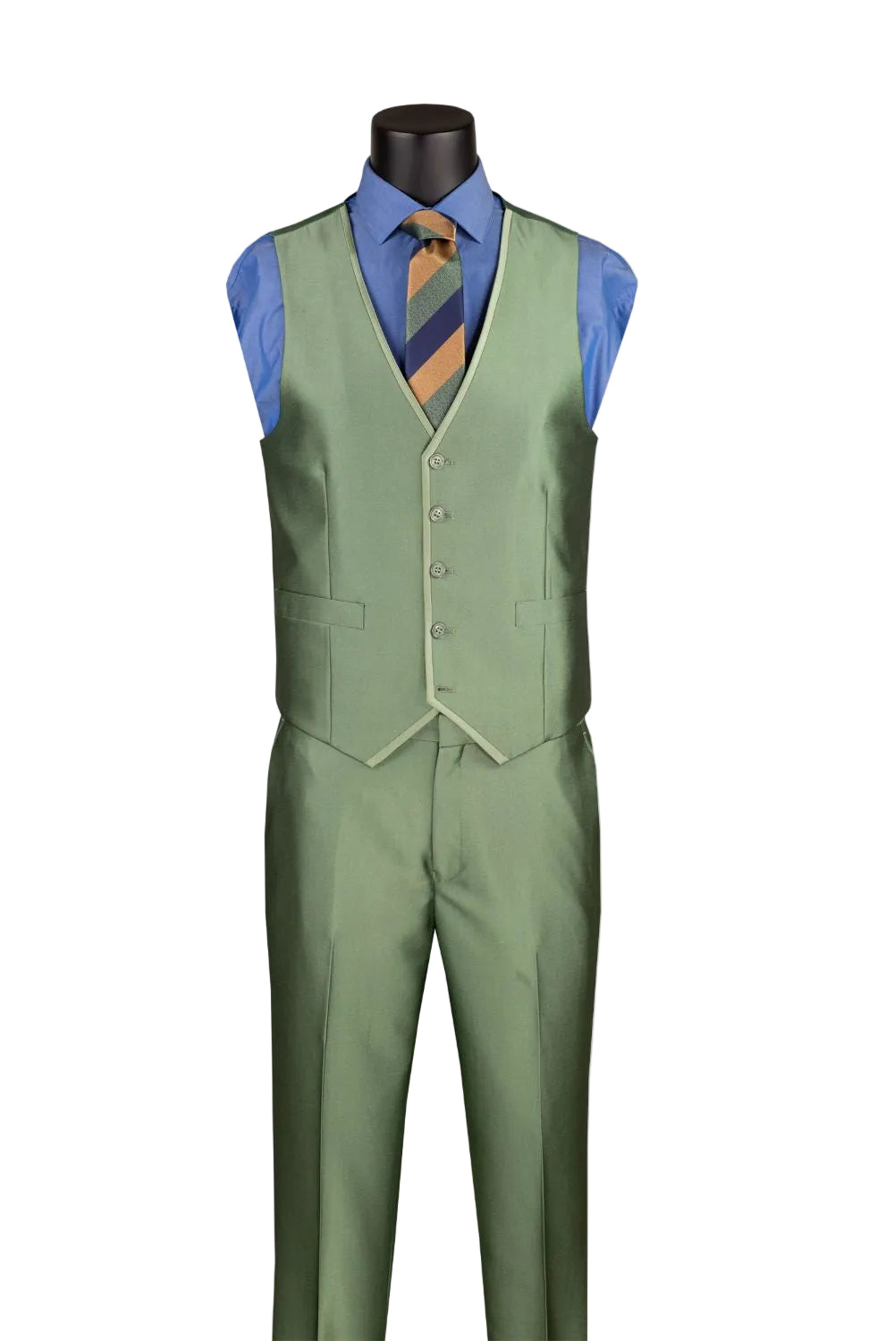 A men's three-piece suit displayed on a mannequin torso, featuring a sage green vest and matching trousers, styled with a blue dress shirt and a striped orange and navy tie against a plain white background.