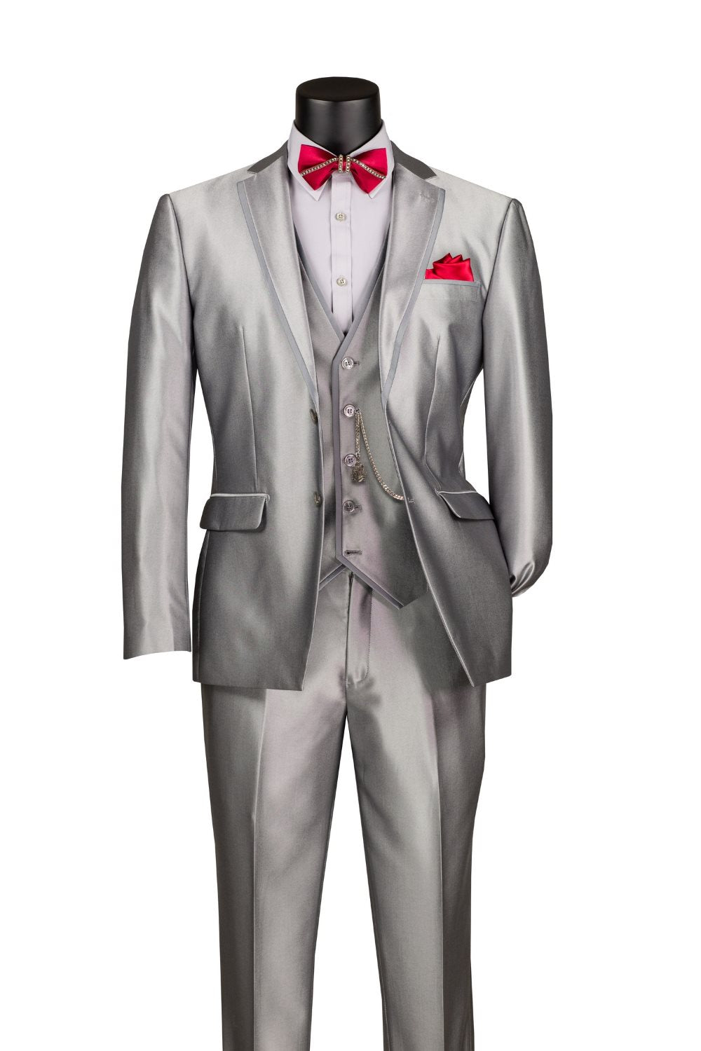 Slim Fit 3 Piece Satin Suit in Silver
