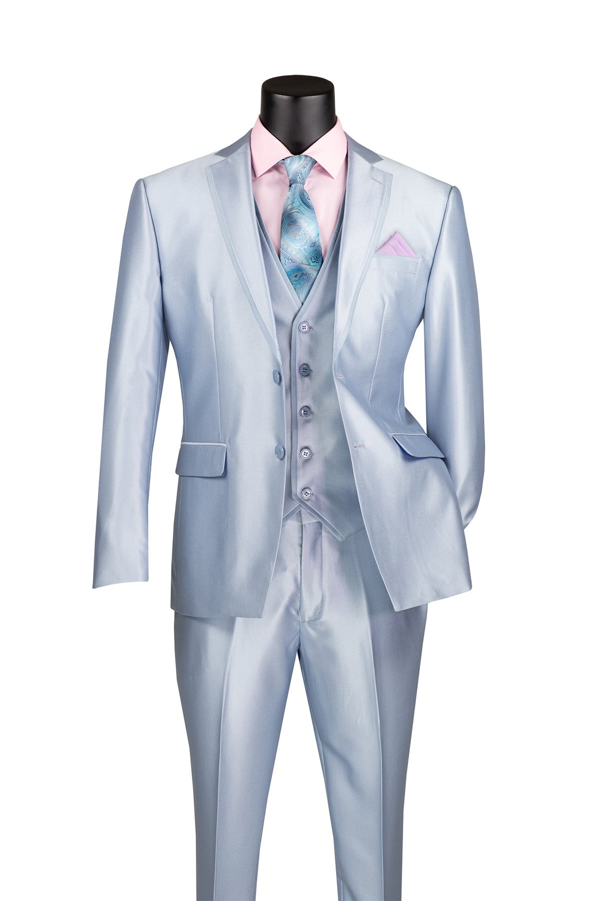 Slim Fit 3 Piece Satin Suit in Ice Blue