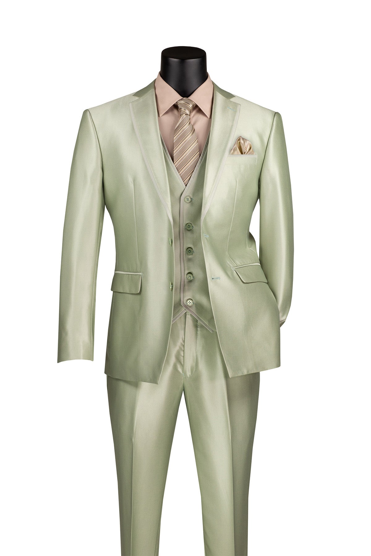 Slim Fit 3 Piece Satin Suit in Light Sage
