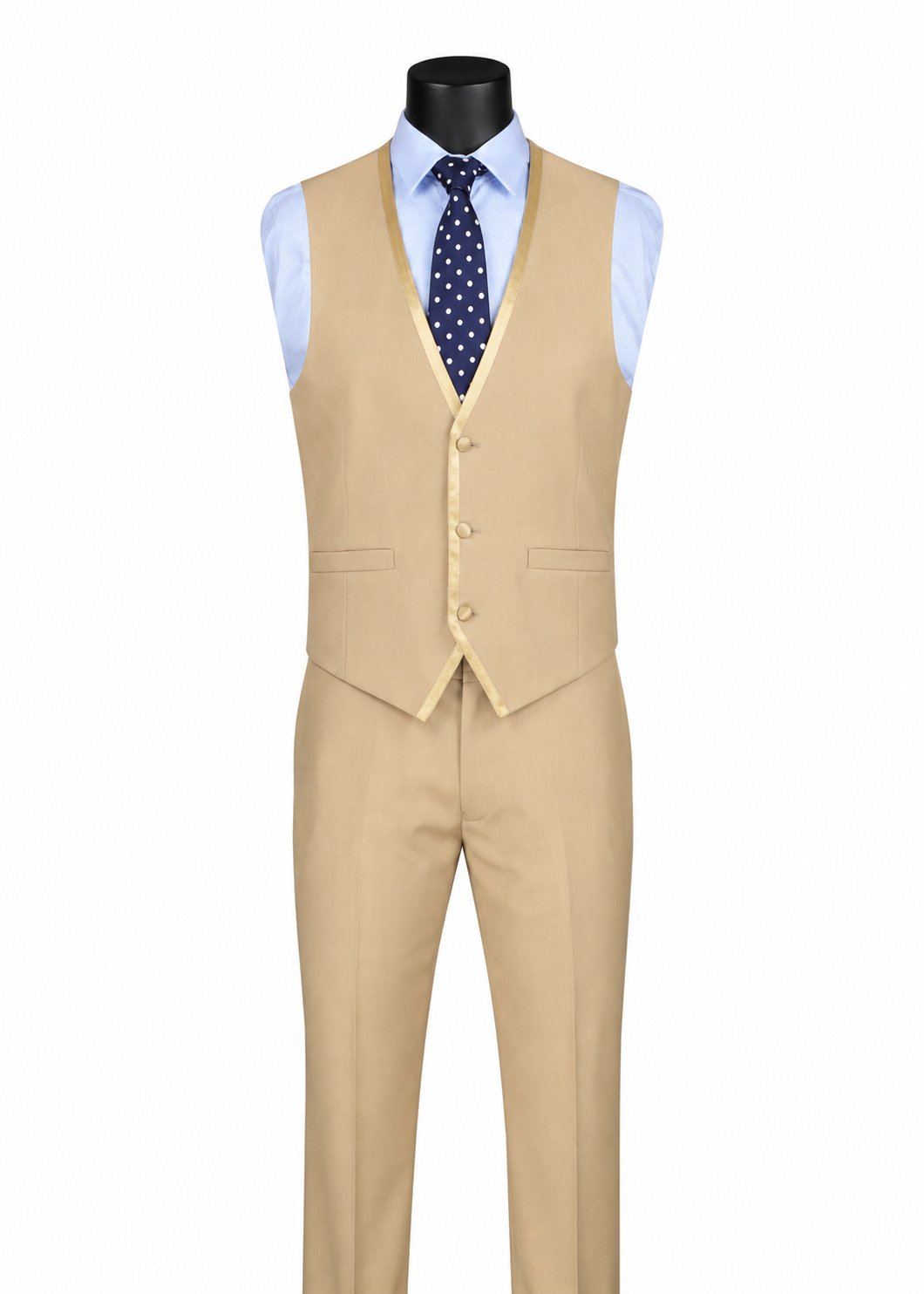 Beige men's slim-fit three-piece tuxedo vest and pants, front view