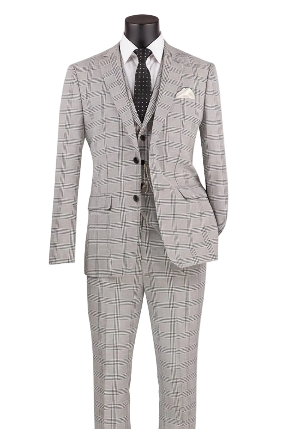 Slim Fit Suit Windowpane 3 Piece with Vest in Black/Gray