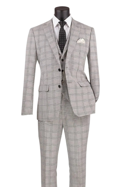 Black and gray slim fit 3 piece men's windowpane suit with vest