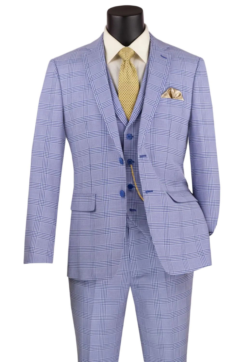 Slim Fit Suit Windowpane 3 Piece with Vest in Sky Blue