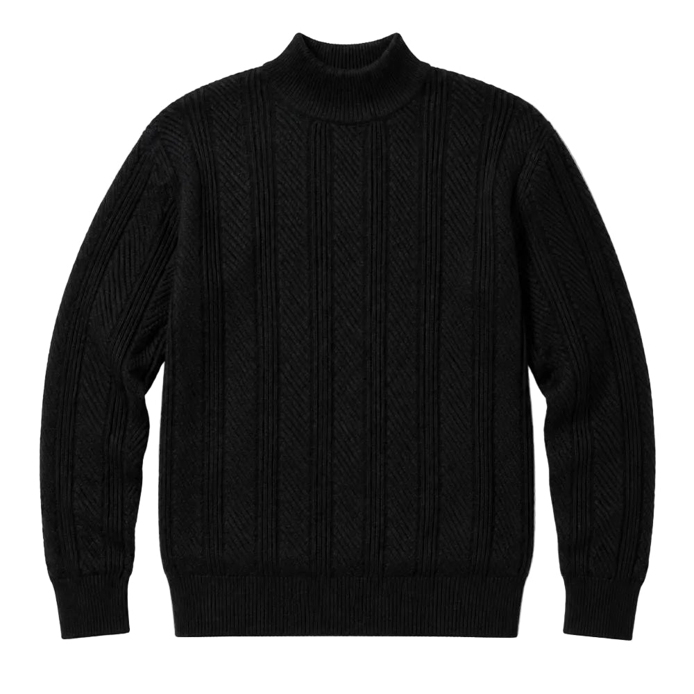 Black men's knit crew-neck sweater laid flat
