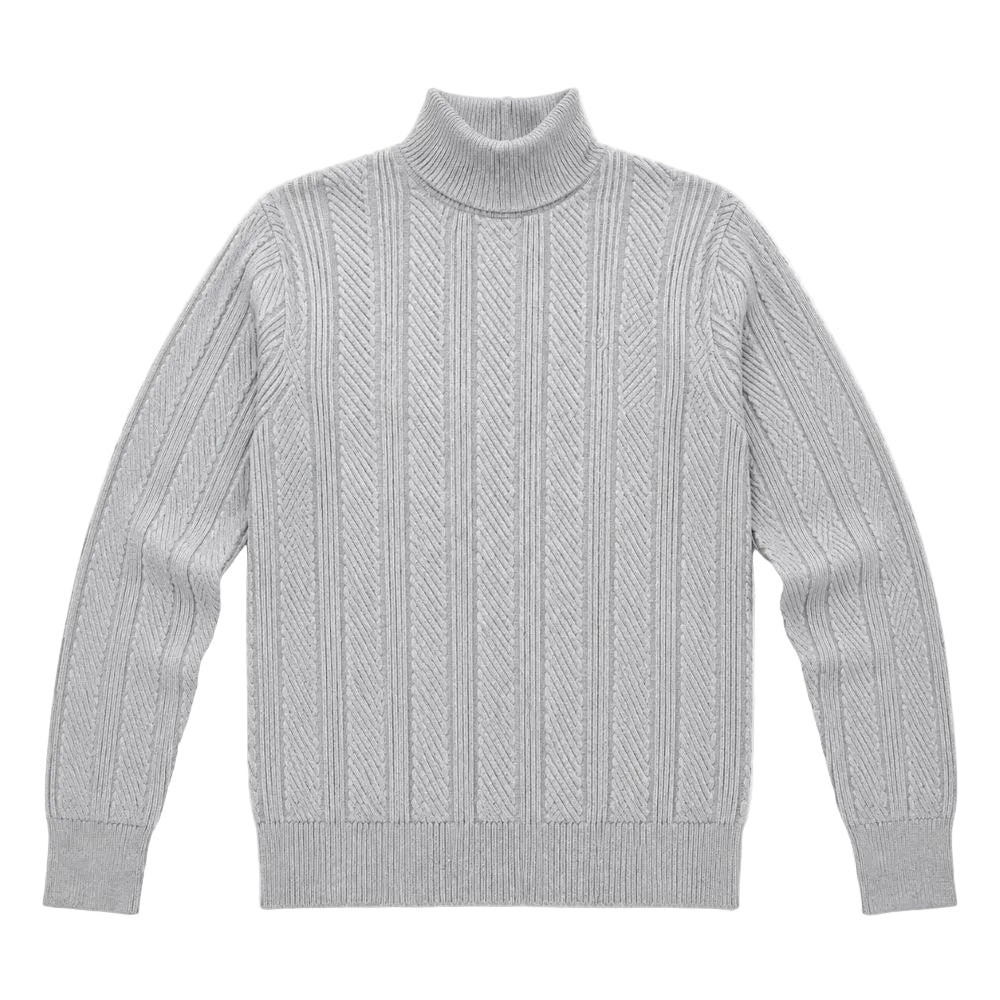A light gray ribbed knit turtleneck sweater with a textured vertical stripe pattern, shown flat against a white background.