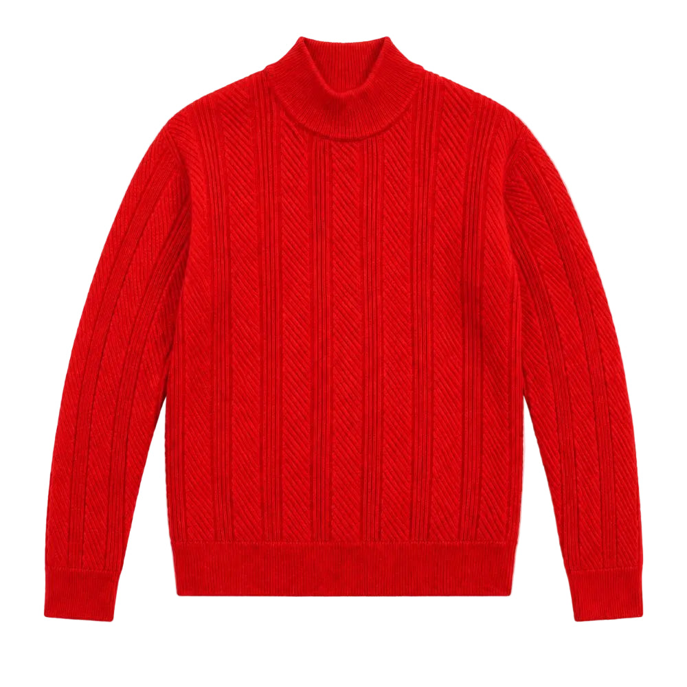 A bright red ribbed knit mock neck sweater with a turtleneck collar, laid flat on a white background.