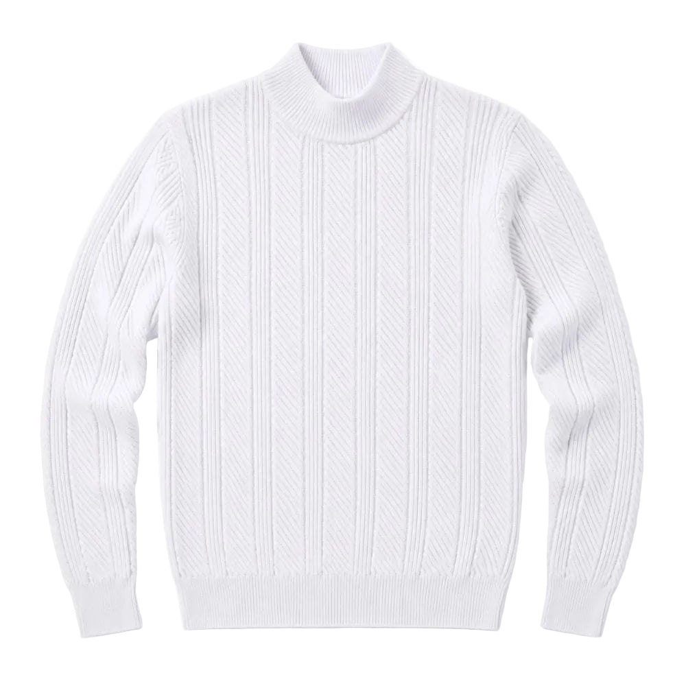 A white ribbed knit mock neck sweater with long sleeves, laid flat against a clean white background.