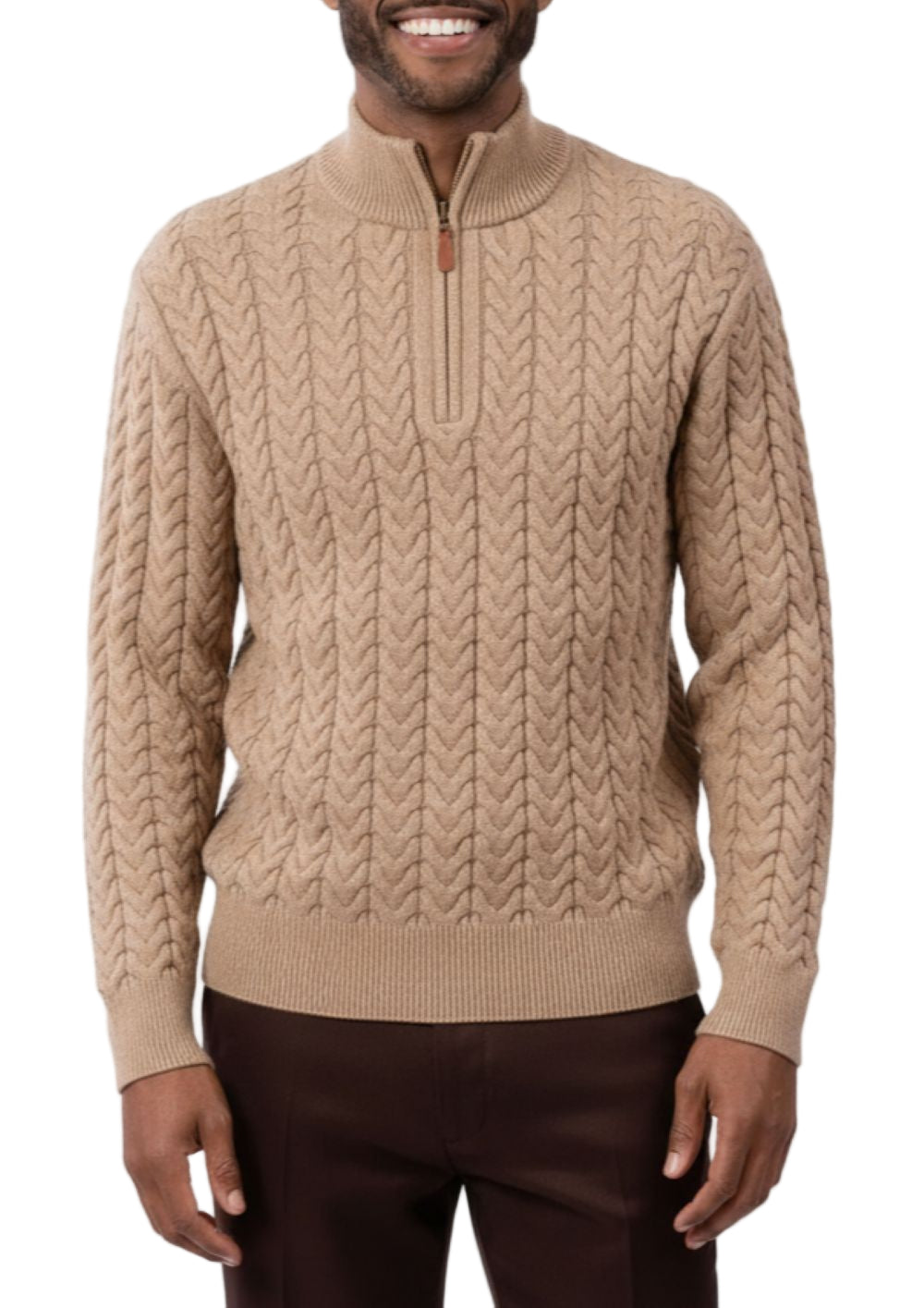 Men's Beige Quarter Zip Knit Sweater